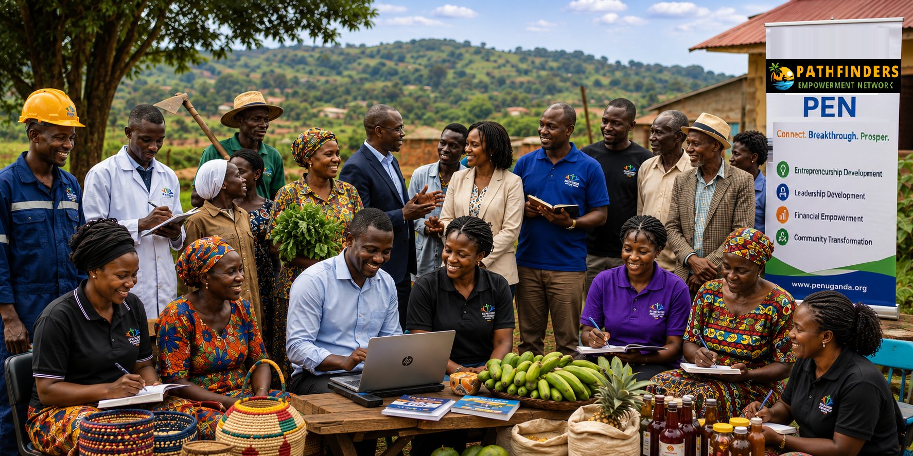 PEN members, entrepreneurs, farmers and professionals gathered at a community activity in Uganda